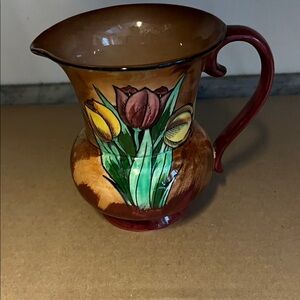 Hand-Painted Tulip Ceramic Pitcher - Brown and Red England